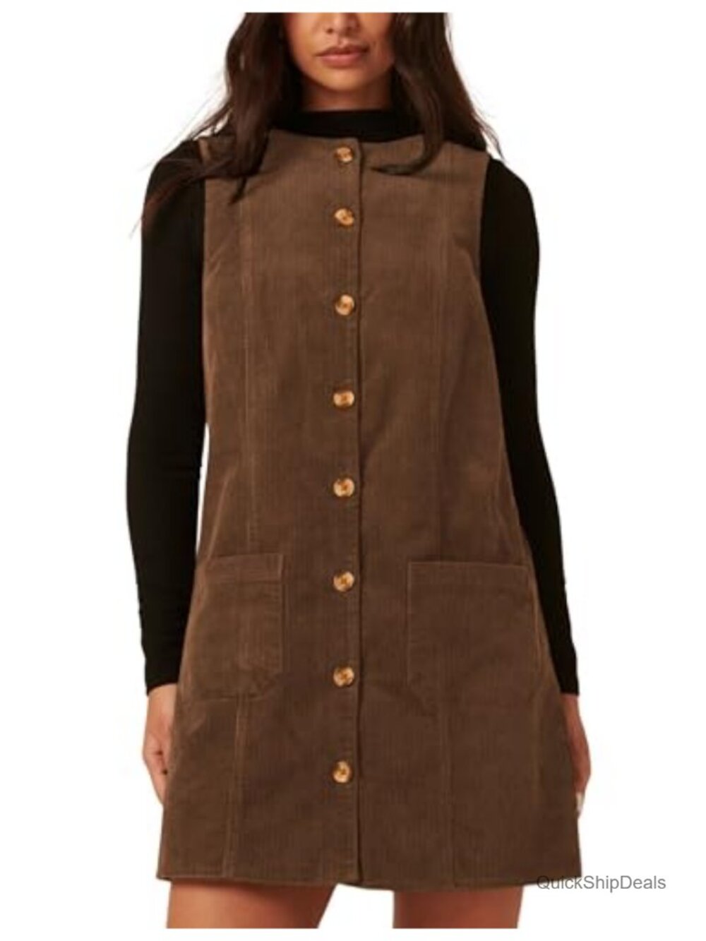 Women's Corduroy A-line Sleeveless Button Down Dress with Pockets